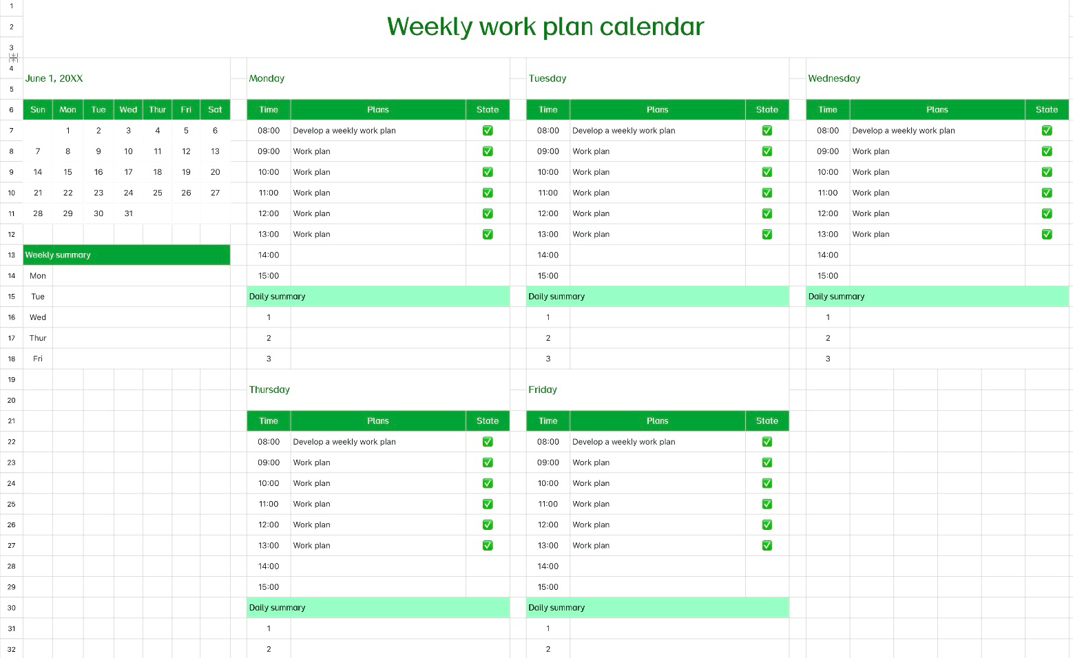 Weekly work plan calendar